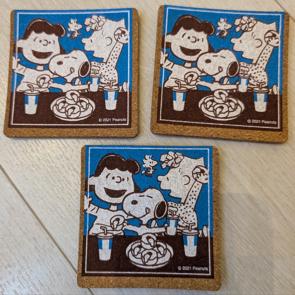 Peanuts Snoopy Friends Coaster Set - Blue & Brown, New With Defects